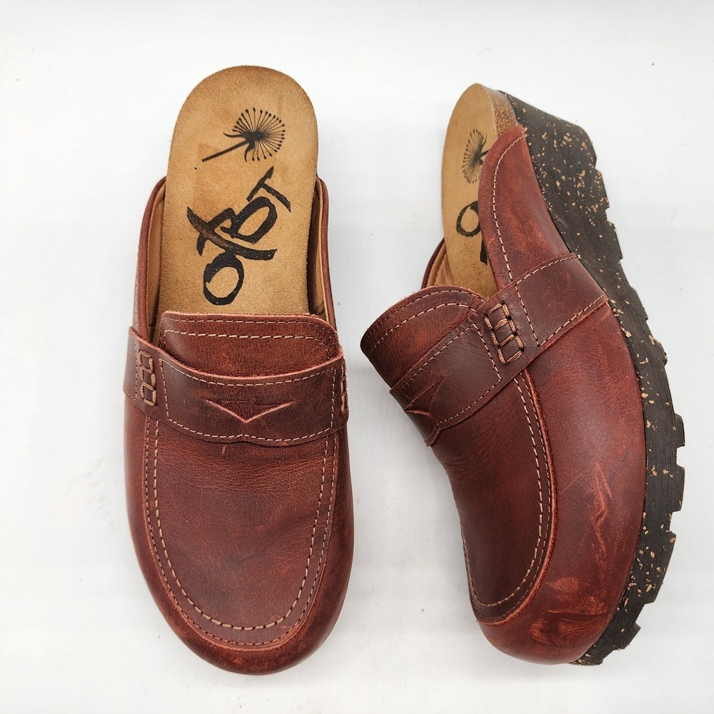 OTBT Homage Leather Penny Loafer Mules Women's 7.5 Brown Wedge Clogs Portugal
